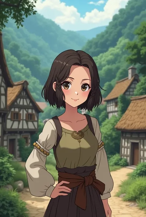 17-year-old girl ,  short dark brown hair,  braids in her hair ,  Black Eyes, Anime medieval, gentle smile,  medieval village in the forest, 2D