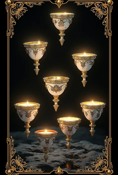 tarot card, seven of cups, seven cups floating, 8k realism, black card with gold writing seven of cups