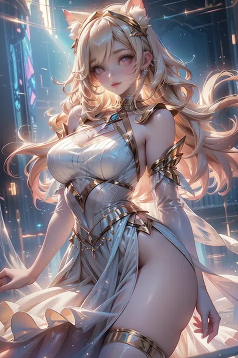 Large empathetic eyes, gentle smile, soft lightning, tilted head, warm gaze, soft color hair, gentle eyes, cat ear headpiece, minimal accessories, cute girl next door, fitted glowing gown with high slit layered skirt, sheer fabric overlays SFW, shoulder wr...