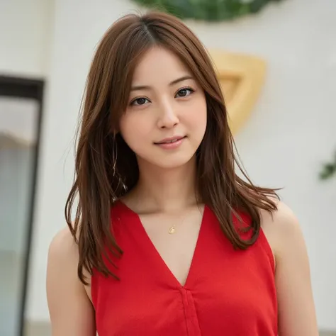 beutiful japanese woman wearing a red dress in a bar