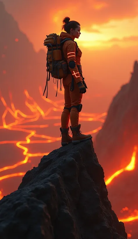  The Heat-Resistant Explorer
"The woman climbs a jagged obsidian spire overlooking the fiery plains. Her rugged, flame-resistant suit is both practical and stylish, with glowing orange seams. Her expression is resolute as she surveys the molten landscape b...