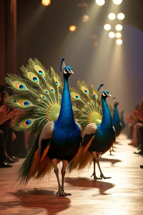 A group of majestic peacocks strutting down a glamorous runway, their iridescent feathers fanned out in a dazzling display, with bright stage lights and an audience clapping in the background.