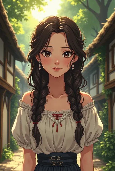 17-year-old girl ,  Long dark brown hair ,  braids in her hair ,  Black Eyes, Anime medieval, gentle smile,  medieval village in the forest, 2D