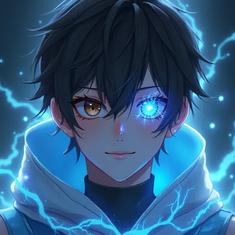  Young man 20 years old ,  dark brown semi-long hair ,  a brown eye and a blue eye with electricity (heterochromia). light armor blue futuristic shoulder pads and chest with hood on. gamer, fantasy, hyper realistic, UHD, digital art draw . amazing photo, c...