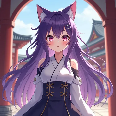 anime girl,  purple cat ears,  long hair , nice clothes, Guvéz style , Clarity 4K, cgStation Pop, ancient architecture,  seductive, attractive, Genshin Ker,  anime style , 8k,  beautiful anime woman, Front of .