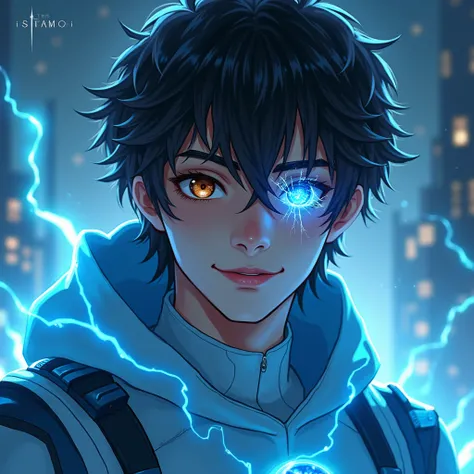  Young man 20 years old ,  dark brown semi-long hair ,  a brown eye and a blue eye with electricity (heterochromia). light armor blue futuristic shoulder pads and chest with hood on. gamer, fantasy, hyper realistic, UHD, digital art draw . amazing photo, c...