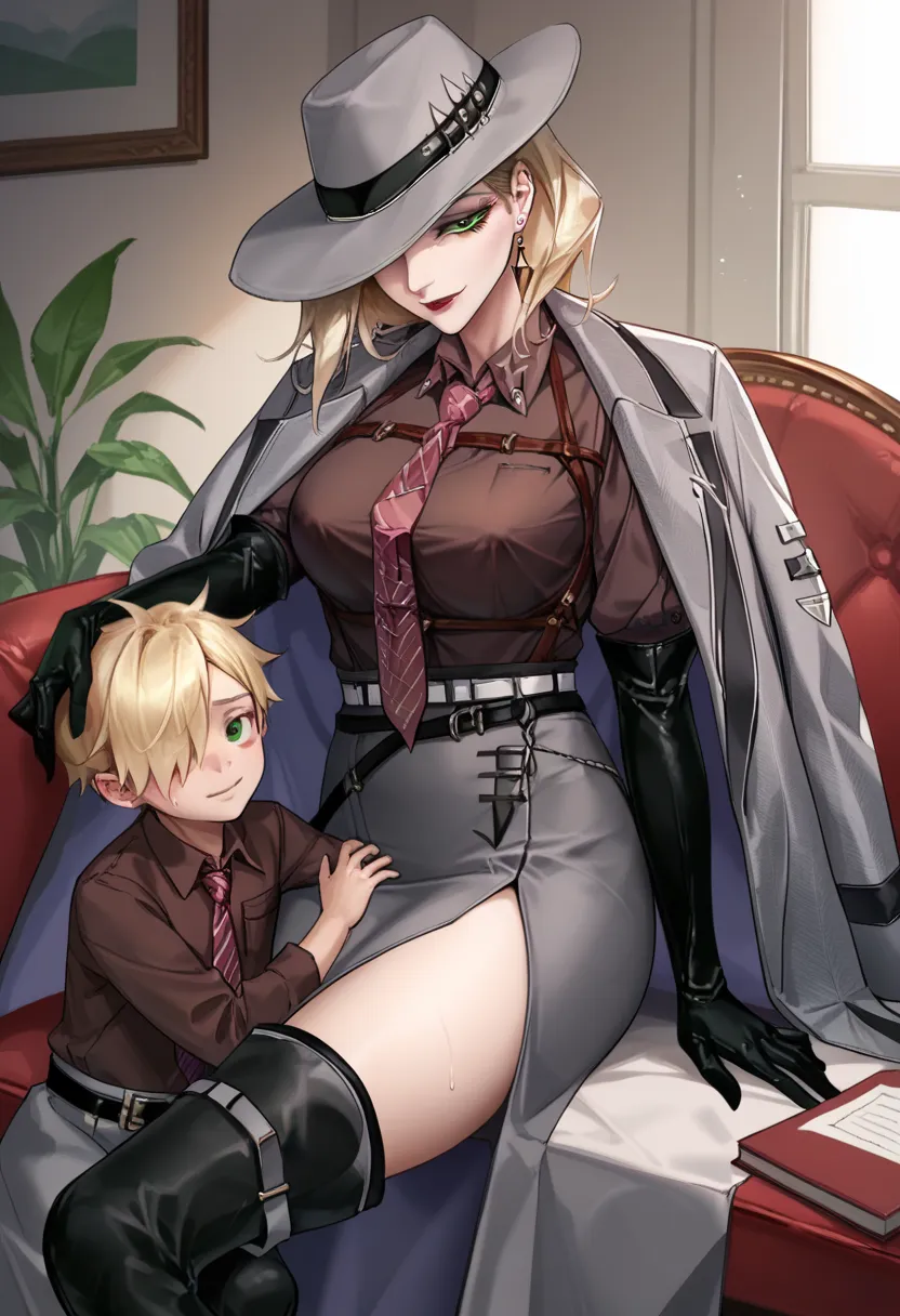 score_9, score_8_up, score_7_up langleyptn break 1girl, 1shota, sitting down, brown shirt, collared shirt, grey coat, coat on sh...