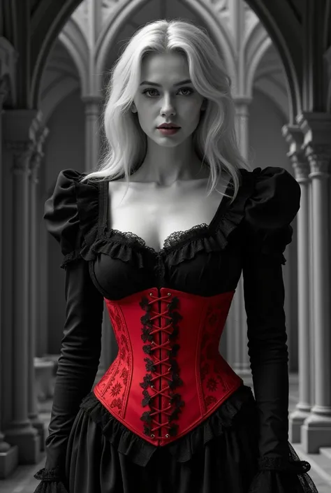 A white gothic woman with  corset red and black, the red color of the image should be vibrant, while the other colors of the image should be black and white.in the background a structure of Gothic architecture
