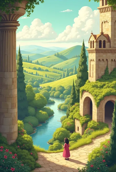 Animated landscape for ren in ancient Romanesque style very easy to draw for coloring