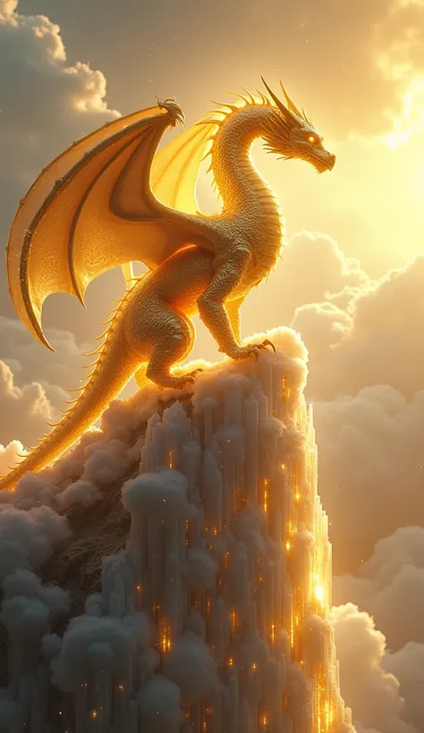 ### **Ultra-Realistic Majestic Golden Dragon in a Luminous Celestial Realm**  
"Illustrate a breathtaking, ultra-realistic fantasy scene of a massive golden dragon standing majestically on the peak of a radiant, crystalline mountain. The dragon’s body is e...