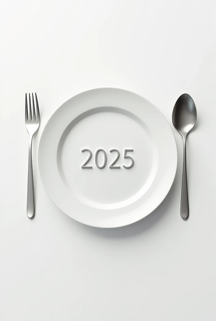  An empty plate and in the center of the plate the number 2025. On the sides ,  outside the plate a fork and a spoon .