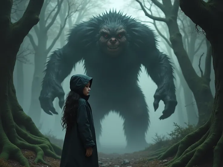  a beautiful dark-haired girl in a hooded raincoat meets a terrible thing in the forest,  feels sorry for a big monster with a kind heart , afraid of him ,  new at the same time 