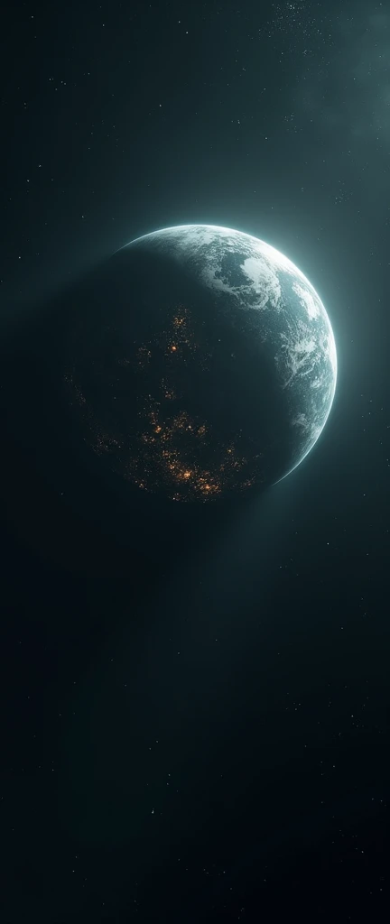 An Earth in space ,  with the Sun off and darkness dominating the scene .  Planet partially illuminated by artificial lights coming from cities,  while the rest are plunged into deep shadows .  An atmosphere of mystery and urgency .