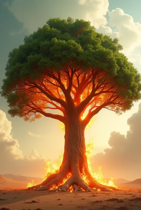 It creates the image of a tree with a very sturdy trunk, with several branches and branches, a tree with strong trunks and deeper roots, with the same proportion of the crown with the proportion of the roots and around the tree, the tree all covered in fla...