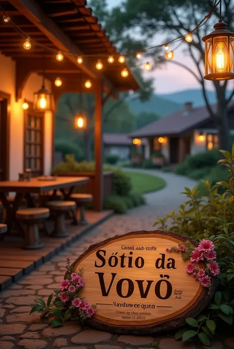 **Descrição completa and imagem para o panfleto:**  

Uma vista charmosa de um place ao entardecer,  with rustic wooden tables arranged in a cozy atmosphere .  Pendant lights create cozy lighting ,  design while the background shows trees ,  grassy and a t...