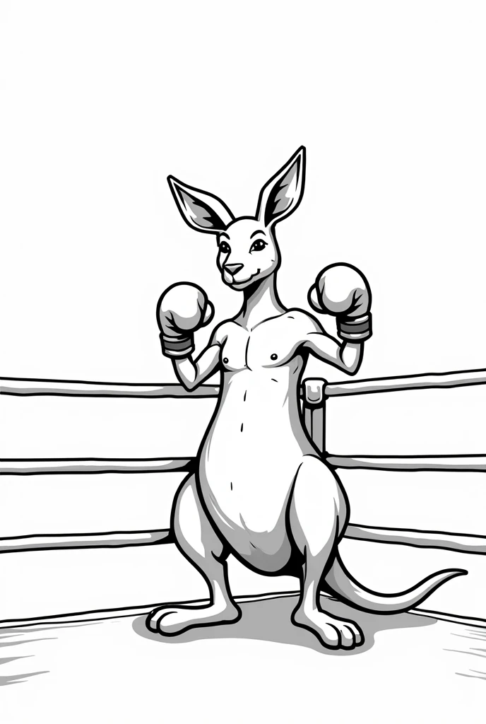 a kangaroo boxing with gloves in a boxing ring, coloring book, black and white lines, white background