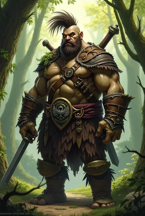  Make me a picture of my DnD character . He has dark brown hair is shaved on the sides and tied in a ponytail at the top and a short full beard. His race is Orc. He is wearing leather armor .  On his back he has two swords . He looks dangerous .  But still...