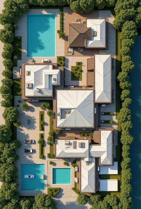  I need you to create a plan of a plot of land of 10. 000 square meters that has 3 bathrooms , 3 dressing rooms , 1 reception ,  1 pool of 30 by 15 ,  1 pool of 20 by 10 ,  a patio and garage for 15 cars ,  a small 2 by 2 rooms .