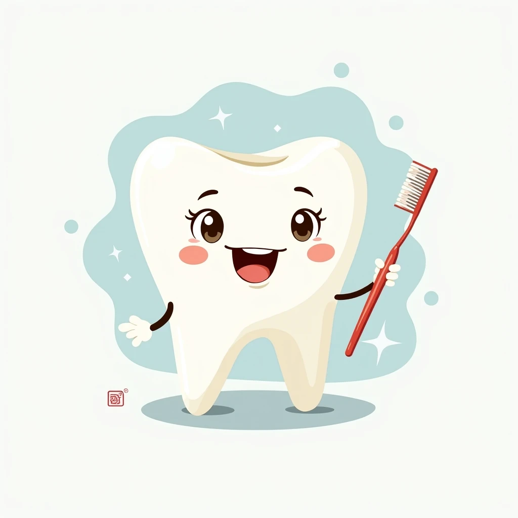 cartoon logo of a tooth with a dental instrument in the hand 