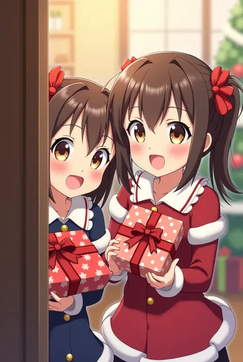 2 Anime girls peeking their head around a corner holding christmas presents smiling and having fun