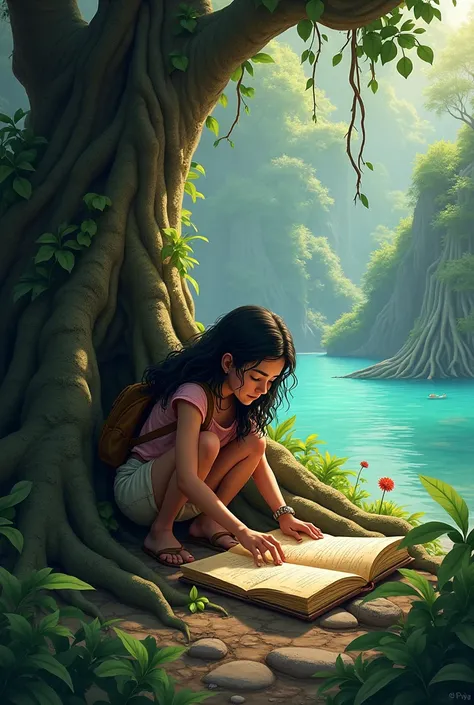  generated an image according to this text  "While exploring the island ,  Joaquina found an old diary stuck between the roots of a tree . when opening it,  discovered stories of people who had also found the lake and how it would have been a refuge for dr...