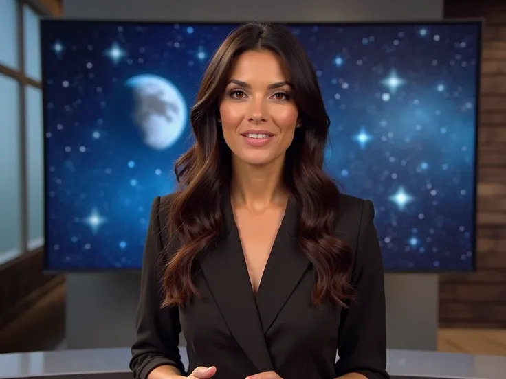 An astrologer with beautiful, dark brown hair and striking hazel eyes, standing confidently in a modern, stylish TV studio set for an internet broadcast. She is dressed in an elegant, professional outfit, exuding confidence and poise. The studio has a slee...