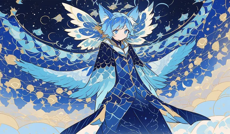 The image depicts the character in an anime style, with a background of a sky full of moons. The male character has blue hair and cat ears, wears a costume with interesting patterns and colors, with a sitting posture hugging his knees and wings on his back...