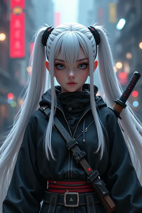  Arcane-style character of a girl with two long braids similar to Jinxs but with white hair,  fringes split in the middle and a black lock . A katana and a pistol style the series  
