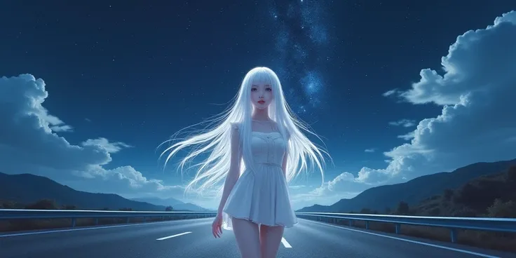 White hair, on a highway road, A realistic photo of a beautiful korean girl, in a starry ethereal world, very long hair, she has short dress, dark, big boobs, looking around, her eyelashes are white and hair, hair is very long, her legs are slim, body fit ...