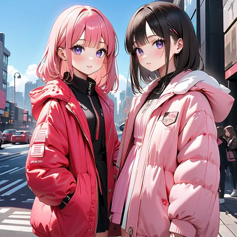 ((masterpiece)),(( best aesthetics)),(( super resolution)),(( best quality)),((Cute  sisters )),(( street fashion )),Height difference、Little sister who likes older sister 、Cityscape background, stylish design、 cityscape background where 