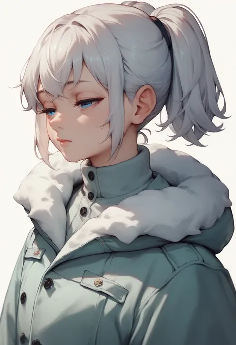 1girl, solo, upper body, cold expression, half-closed eyes, blue eyes, double ponytail, wavy bangs, medium length white hair, light peach skin, white background, winter outfit, light green jacket
