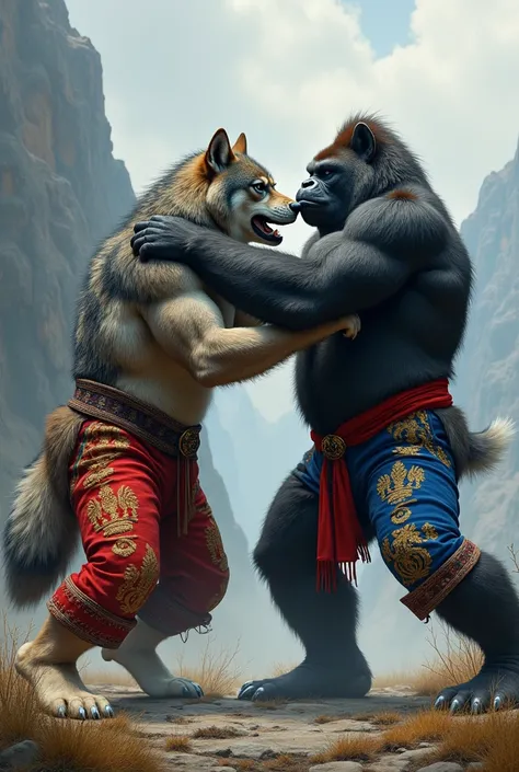 A wolf in Russian pants fighting a gorilla wearing Ukrainian pants 