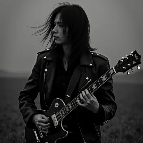 Japanese visual man wearing a leather jacket and a black slender shirt。 his hair is up to his waist, black hair that flutters in the wind 。 sings while looking sadly into the distance and playing the electric guitar。Black and white photography。profile