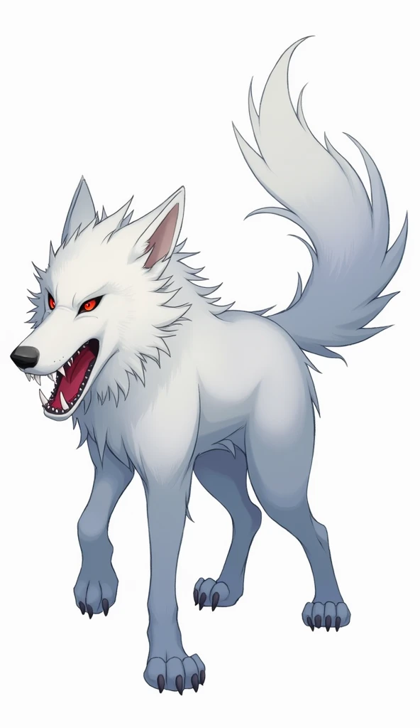 anime character concept art: its name is "Crimson Fang Hound". a large white hound with white furs and 2 tails, 2 red fangs in its mouth, red eyes, it commands ice powers. full body image. the background is plain and simple.