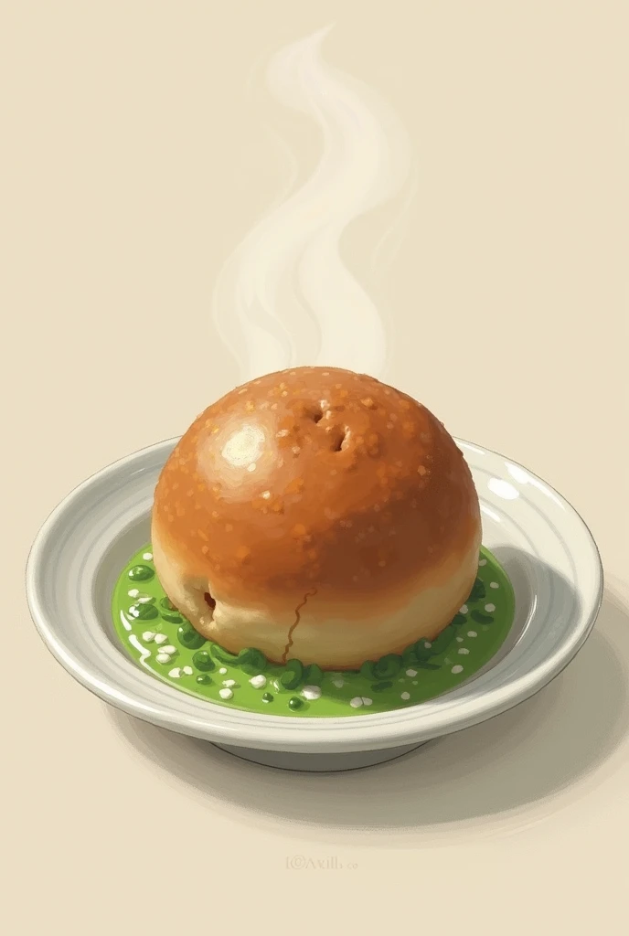 generate an anime style image of a dark brown soft dough ball on a plate steamed and a side of chopped okra green soup 