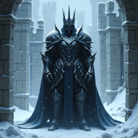 In a castle covered with snow and ice in Middle-earth, a male death mage, his entire body covered in heavy black iron armor, with a black crown on top of his helmet.