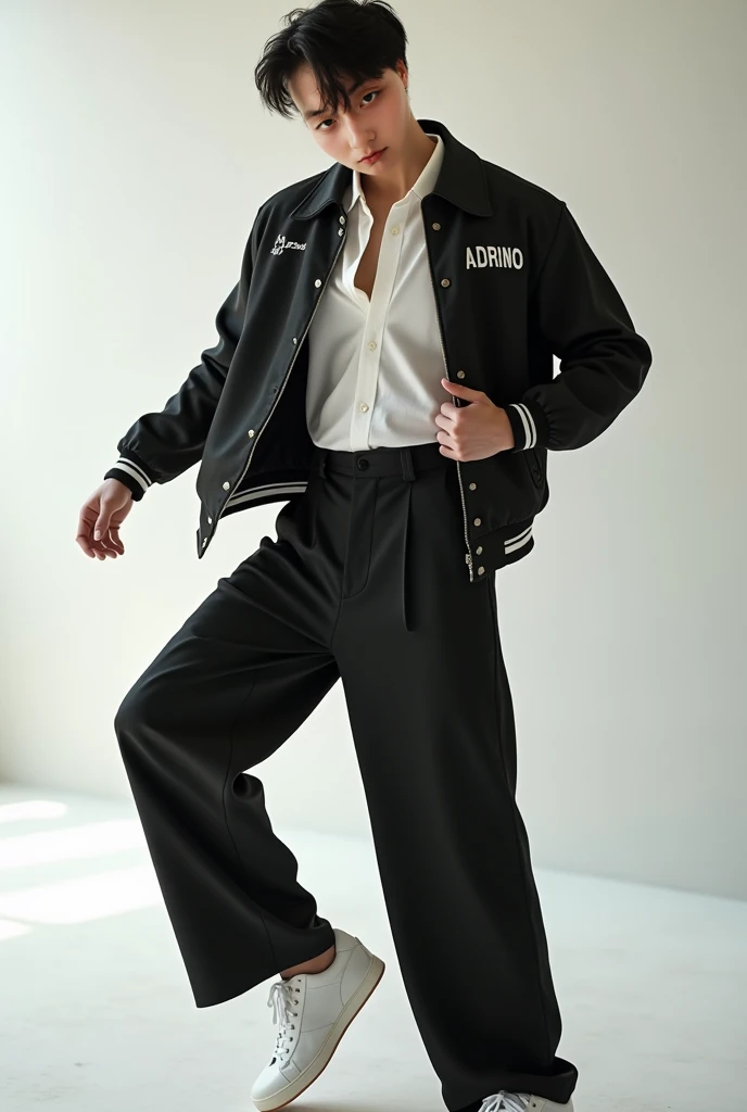 Korean Male handsome dancer with a varsity jacket and fitted shirt ,this photo for Adrino  ahoes product advertisement postee,wide trousers ,focus adrino jacket products,