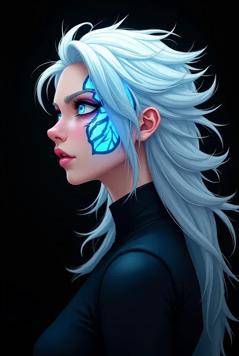 (black background:1) animation woman. white hair, (big luminescent tattoo:1) blue eyes. (disheveled hair:1) profile. (majestic face:1) (serious face:1)