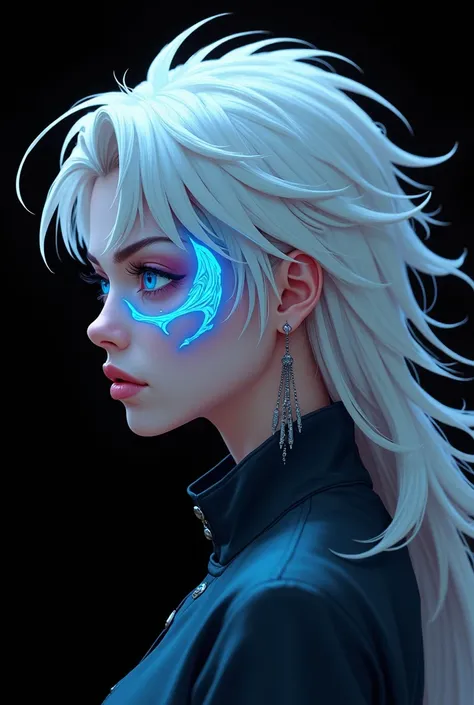 (black background:1) animation woman. white hair, (big luminescent tattoo:1) blue eyes. (disheveled hair:1) profile. (majestic face:1) (serious face:1)