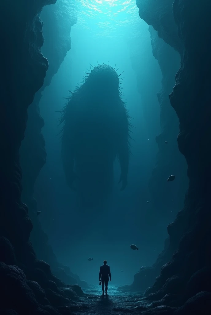 A picture of a dark and mysterious deep sea. A faint blue light shines down from the surface of the water above, revealing only a part of the underwater world. Below is the shadow of a large creature that is not clearly visible, conveying mystery and uncer...