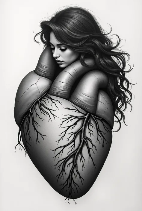 A tattoo of a giant heart and a curly girl with long hair watching it (black ink)

