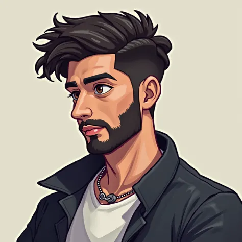 
Create a pixel art avatar of a young 30 years old , modern, and successful Arab male character. The character should be slightly turned to the side, showing a profile view. He should have a slim build and appear confident. The character’s attire should be...