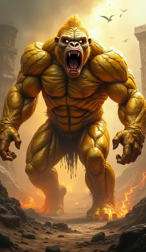 Humanoid mutant hybrid of a gorilla the mineral gold raging and roaring 