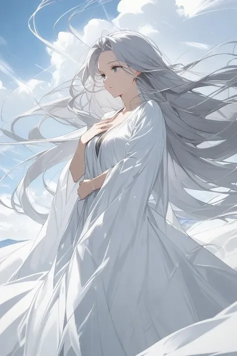  1 woman、chest,  silver color long dress、 very long hair, Hair blowing in the wind、Pray to the heavens