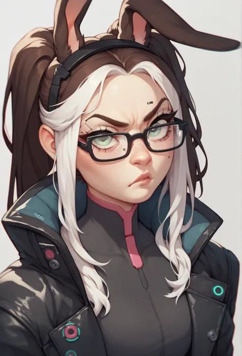  A hybrid rabbit , pale skin,  Gray green eyes ,  with dark brown rabbit ears ,  long dark brown hair with white highlights , wearing glasses. She wears tight black cyberpunk costumes covered by a big black coat. Nerdy and cute ,  with a determined express...