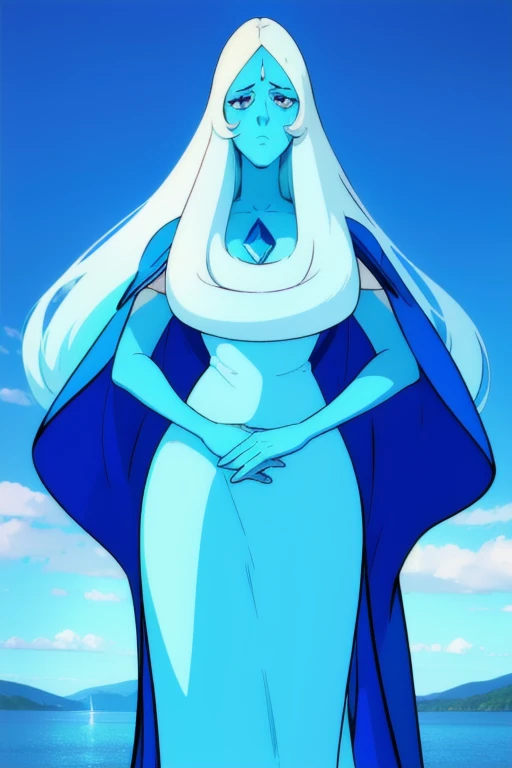 (8k) (high res) (best quality) (masterpiece) blue_diamond, white hair,long hair, sad look, blue skin,colored skin,  blue eyes, gem, blue dress, lake, blue hooded cloak, hood on, blue cape, cape covered full body,  