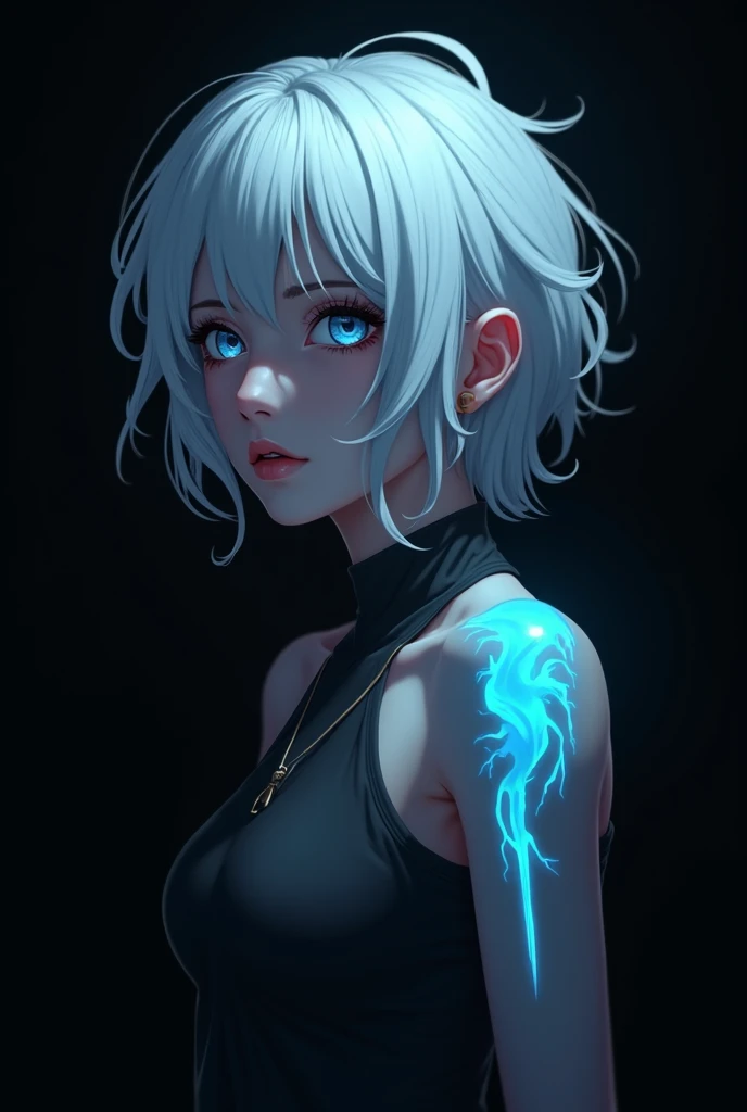 (black background:1) animation woman. white hair, (big luminescent tattoo:1) blue eyes. (disheveled hair:1) profile.  (serious face:1)