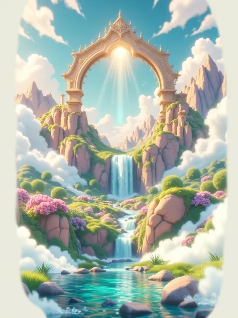 middle East、11 The city was enveloped in the glory of God、Shining like a jewel、Like Jasper〔Like crystal〕It was crystal clear.。Israel- Fantastic - Painting Style Waterfall Soft painting style Brightly colored Bright light a wonderful heavenly garden, rainbo...