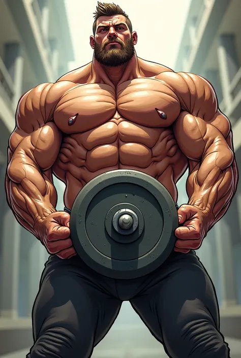 Big shirtless man ,  holding on the iron plate, (Serious Cartoon style)