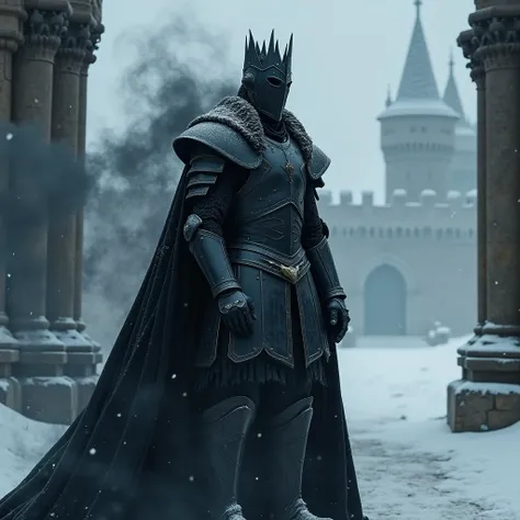 In a castle covered with snow and ice in Middle-earth, a male death mage, his entire body covered in heavy black iron armor, with a black crown on top of his helmet, surrounded by swirling black smoke.